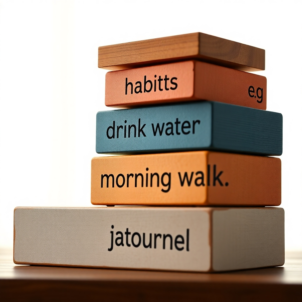 An infographic-style image showing a layered stack of blocks, each labeled with a different habit (e.g., 'drink water', 'morning walk', 'gratitude journal'), illustrating the concept of stacking habits in a visually engaging way, set against a bright, inviting background.