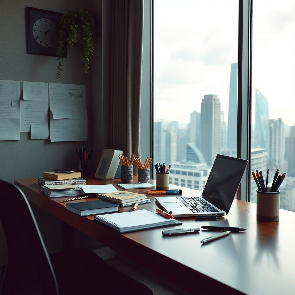 An inspiring workspace with a desk loaded with various tools such as notebooks, pens, and a laptop, all placed next to a large window showcasing a city skyline. The atmosphere should reflect an energized and productive space conducive to growth.