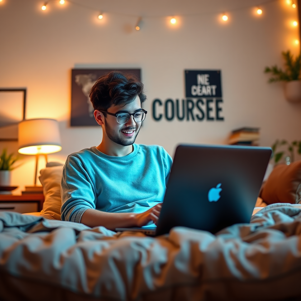 An inviting image of a person studying at home, engaged in an online course with a laptop, surrounded by motivational decor. The lighting is warm and welcoming, and the color palette includes inviting tones that promote learning and comfort.