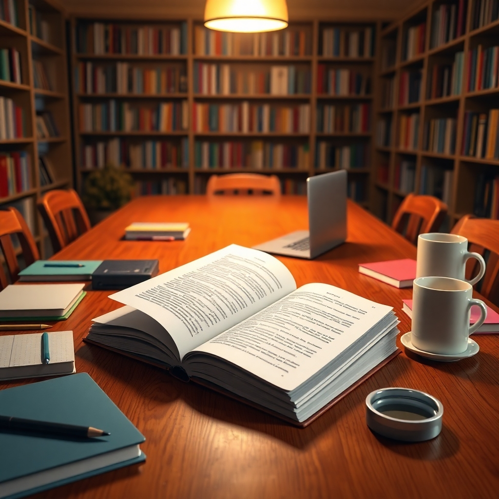 An open eBook laying on a polished wooden table surrounded by various learning tools like notebooks, a laptop, and coffee cups. The background is a cozy study room filled with bookshelves and a warm light illuminating the scene.