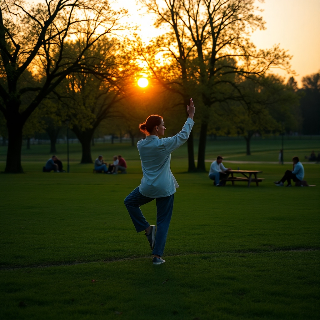 Craft a calming scene featuring a person practicing tai chi in a peaceful park during sunset. The individual, graceful in posture, harmonizes with their surroundings, surrounded by friends enjoying picnic at a distance, symbolizing community. The warm golden hues of sunset cast a peaceful ambiance, blending nature and practice seamlessly. The image should invoke feelings of serenity and connection.