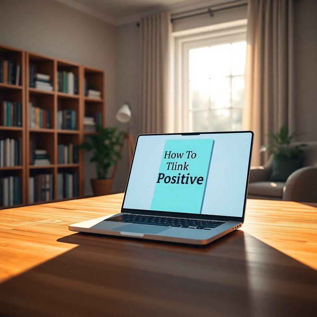 Create a photorealistic, ultra-high quality header image depicting an inviting and serene study environment. In the foreground, place an open laptop on a wooden desk with a digital eBook cover titled 'How To Think Positive' displayed on the screen. The lighting should be warm and soft, having natural sunlight streaming in through a large window, casting gentle shadows. Use a calming color palette with shades of blue and green to evoke tranquility and positivity. The camera angle should be at a slightly elevated perspective, giving a clear view of the desk and the eBook. Textures should include the smooth finish of the laptop, the grain of the wooden desk, and the softness of a nearby plush chair. In the background, include a bookshelf filled with self-help books and a small potted plant for freshness. The style should be modern and cozy, similar to contemporary home office designs. Aim for 8K resolution, hyperrealistic quality., ultra high resolution, photorealistic, 8K, hyperdetailed, cinematic lighting