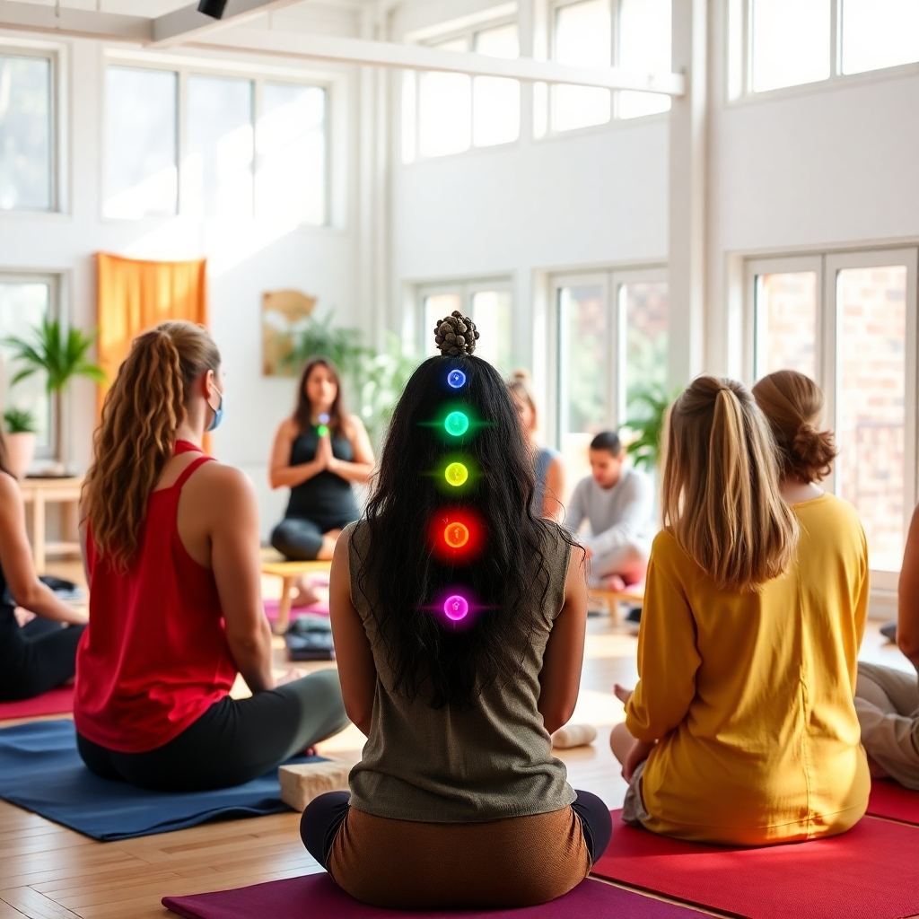 Create an image showcasing a diverse group participating in a chakra balancing workshop. The scene features instructors demonstrating techniques in a bright, open studio filled with natural light. Energetic colors representing each chakra would be integrated into the decor, with students focused and engaged. The image emphasizes the supportive environment and personal growth opportunities provided by the course.