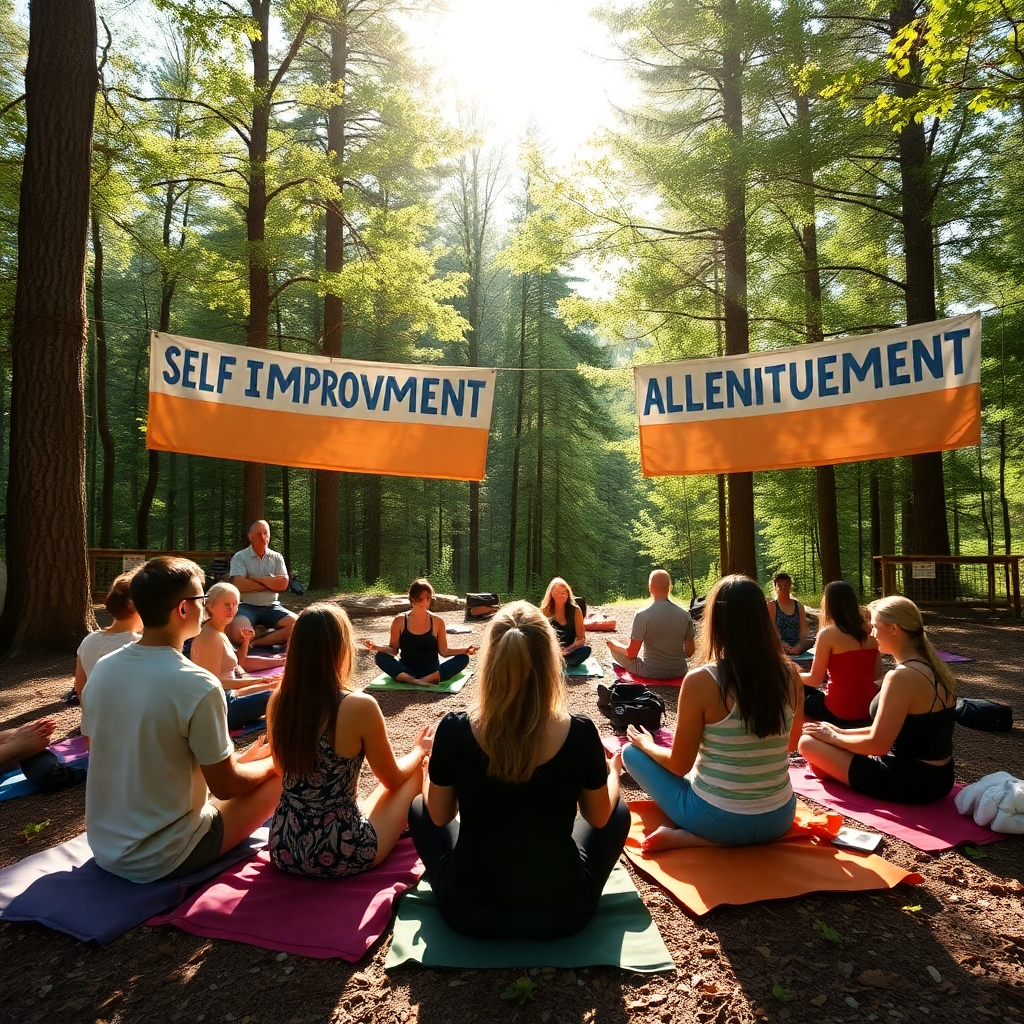 Depict an inspiring outdoor retreat setting, with participants engaged in group activities under the trees. The scene should feature sun-drenched individuals practicing mindfulness and connecting with nature. Wooded surroundings and colorful banners promoting self-improvement add vibrancy, symbolizing a sense of adventure, growth, and community among participants.