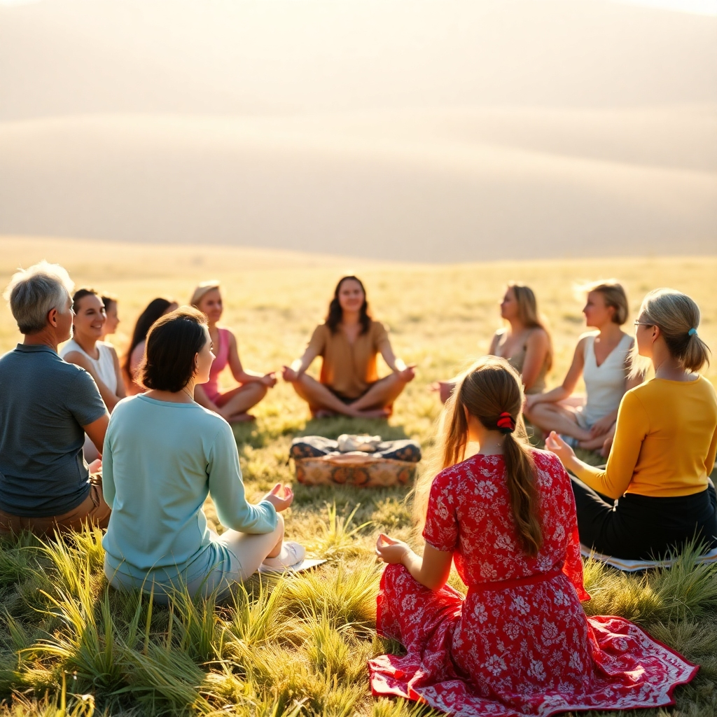 Design a photorealistic image reflecting the essence of our course. Feature a peaceful setting where a diverse group of individuals engage in chakra balancing exercises. The scene includes people of different ages and backgrounds sitting in a circle on a soft grass field, radiating positive energy. The sunlight creates an inviting atmosphere, with a soft focus on the participants who appear joyful and serene. The color palette should be bright and uplifting, utilizing warm tones that evoke a sense of community and wellbeing. Specification for 4K resolution, high quality, showcasing the deep connection between participants through their focus and camaraderie.