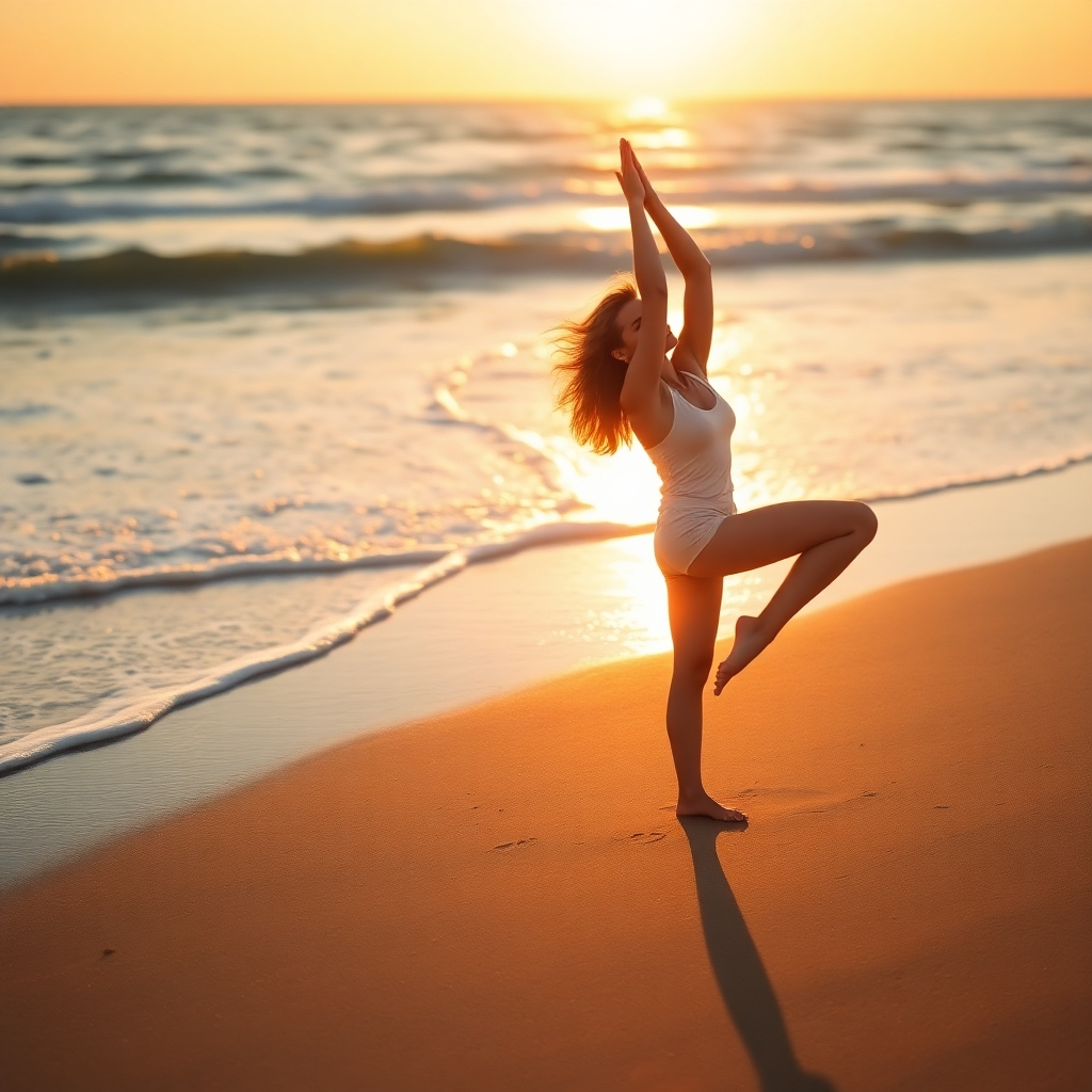 Envision a dynamic image of a person engaging in a rejuvenating yoga pose on a beach at sunrise. The waves gently lap the shore, creating a perfect backdrop of serenity and energy. The model appears energized and vibrant, with golden sunlight amplifying their figure and the soft texture of sand beneath them showcasing a connection to nature. The image conveys vitality and exuberance, embodying the essence of physical wellbeing.