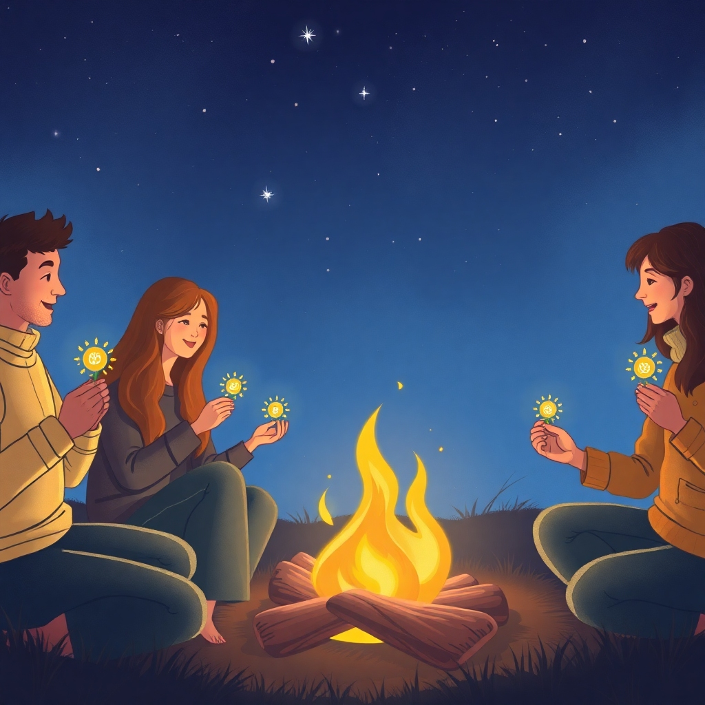 Illustrate a heartwarming scene of a group of individuals sharing stories and experiences around a fire under a starlit sky. Each person holds a small chakra symbol in hand, symbolizing unity and shared purpose. The warm glow of the fire enhances the connection between people, creating an intimate atmosphere bathed in soft light and subtle shadows that invite a sense of belonging and support.