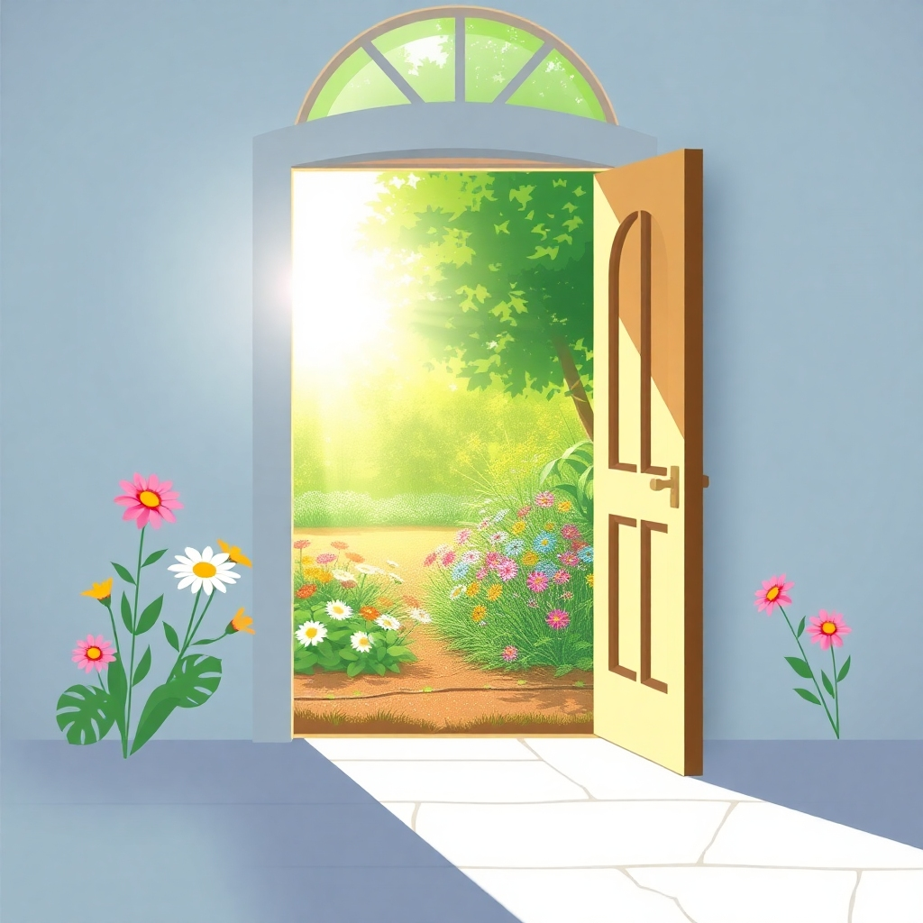Illustrate an inviting image of an open doorway leading to a sunny garden filled with blossoming flowers, symbolizing new beginnings. Natural light pours in, casting shadows that create depth. The flowers represent each chakra color, enriching the scene with vibrancy. This setting conveys hope and new opportunities for those stepping into their journey of energy awakening.