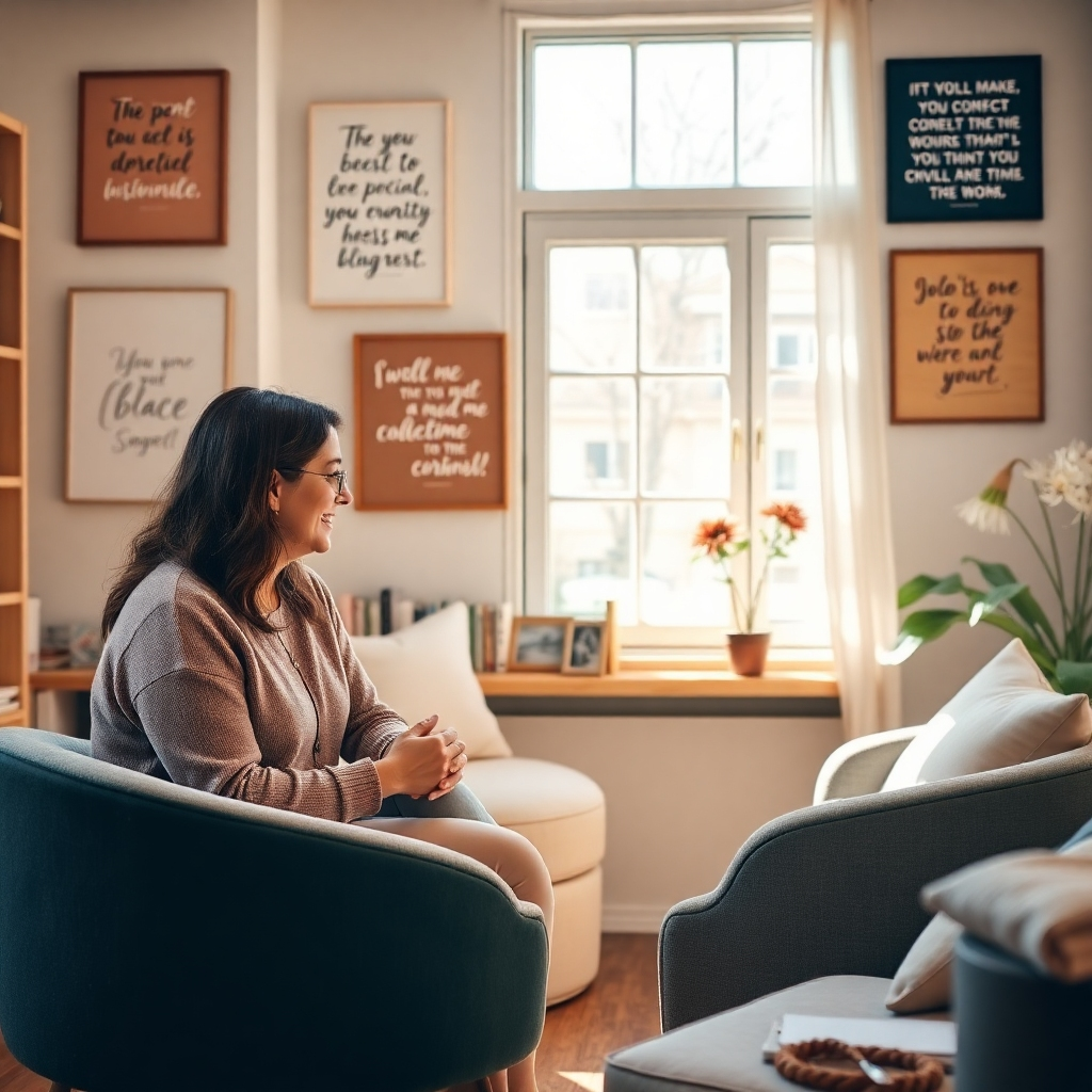 Show a warm and inviting scene with a life coach engaging in a personal session with a client in a cozy office. The room should be filled with inspirational quotes and natural light streaming through the window. The interaction conveys trust and empathy, fostering a supportive space for personal development. The soothing colors create a calm atmosphere and reflect the essence of coaching.