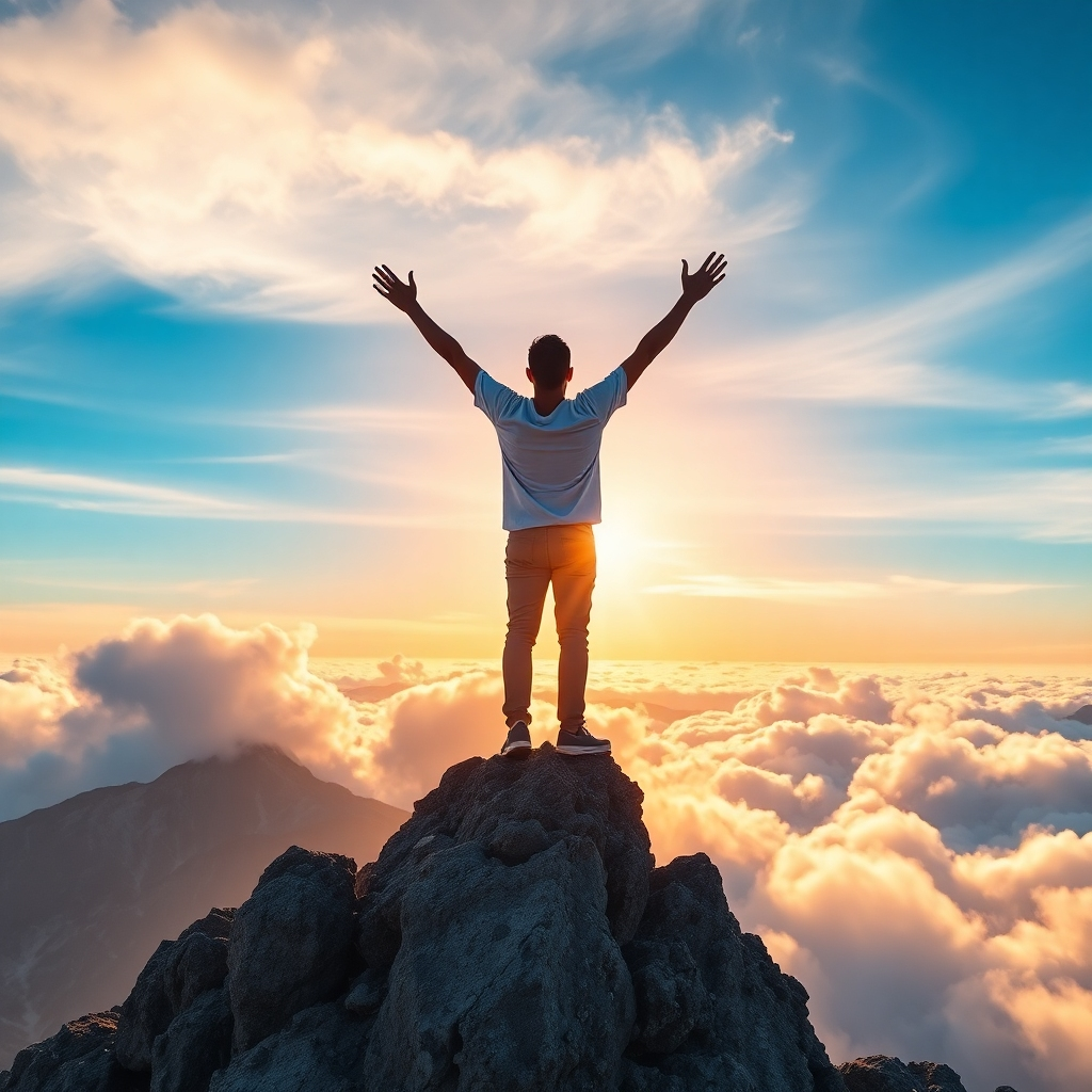 Visualize a vibrant, energizing image of a person standing on a mountain peak, arms raised in triumph. The surroundings are a breathtaking view of sunrise colors illuminating the sky. The individual appears empowered, symbolizing achievement and radiant energy flowing. Lighting conditions should accentuate the early morning hues, creating a stimulating atmosphere. The texture of the rocky landscape and the soft clouds adds depth, emphasizing the vast potential within.
