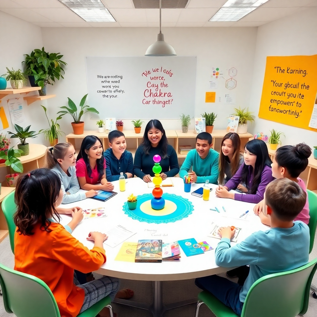 Visualize an interactive classroom setting with a group of engaged students discussing chakra topics at a round table. The room is bright, with educational materials and interactive tools scattered around. Incorporate plants and inspiring quotes on the walls to reflect an empowering learning atmosphere. The bright colors and facial expressions illustrate enthusiasm, promoting collaboration and learning.