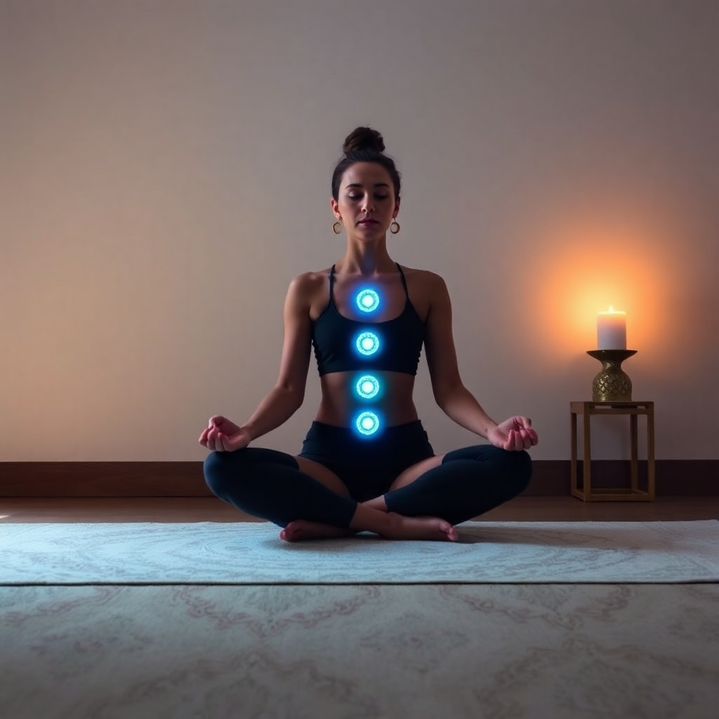 Craft a calming image of a person surrounded by ethereal lights that represent each chakra, positioned in a meditative pose. The image radiates warmth and tranquility, set in a tranquil indoor space with soft cushions and plants that emphasize zen energy. The lighting should softly highlight the individual, the vibrant chakra colors reflecting off their skin to create a captivating visual that promotes harmony.