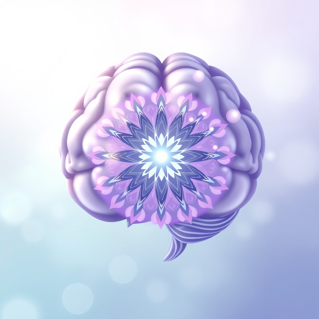 Uma imagem 4K de alta qualidade representando a essência de "Meditar". Imagine uma ilustração estilizada de um cérebro humano sobreposto a um padrão de mandala. Cores suaves e relaxantes, como lavanda, azul-claro e verde-claro, devem dominar a paleta de cores. Efeitos sutis de brilho emanam do centro da mandala, simbolizando paz interior e iluminação. O fundo é um gradiente desses núcleos, criando uma sensação de profundidade. A composição deve ser equilibrada e simétrica. O estilo é inspirado tanto na visualização científica quanto na arte espiritual. Sem bordas afiadas; tudo deve ser suave e fluido, refletindo a tranquilidade da meditação. A imagem deve transmitir a ideia de entusiasmo a mente e encontrar claramente por meio da meditação, trazendo sutilmente os benefícios científicos e espirituais. Considere usar um leve efeito bokeh para maior profundidade e interesse visual.