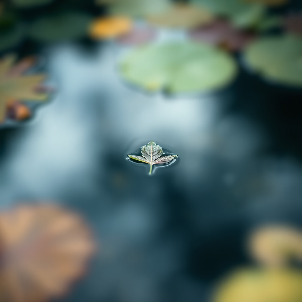 Uma imagem desfocada em resolução 4K. O foco está em um único ponto nítido no centro do quadro: uma única folha flutuando na superfície de um lago. Ao redor da folha, a água está desfocada, com formas e núcleos indistintos representando distrações. O clima geral é calmo e reflexivo, apesar da presença de distrações desfocadas. A paleta de cores é suave, com verdes, azuis e marrons dominando. A imagem simboliza a capacidade de manter o foco e a clara em meio às distrações na meditação, com a folha representando o momento presente.