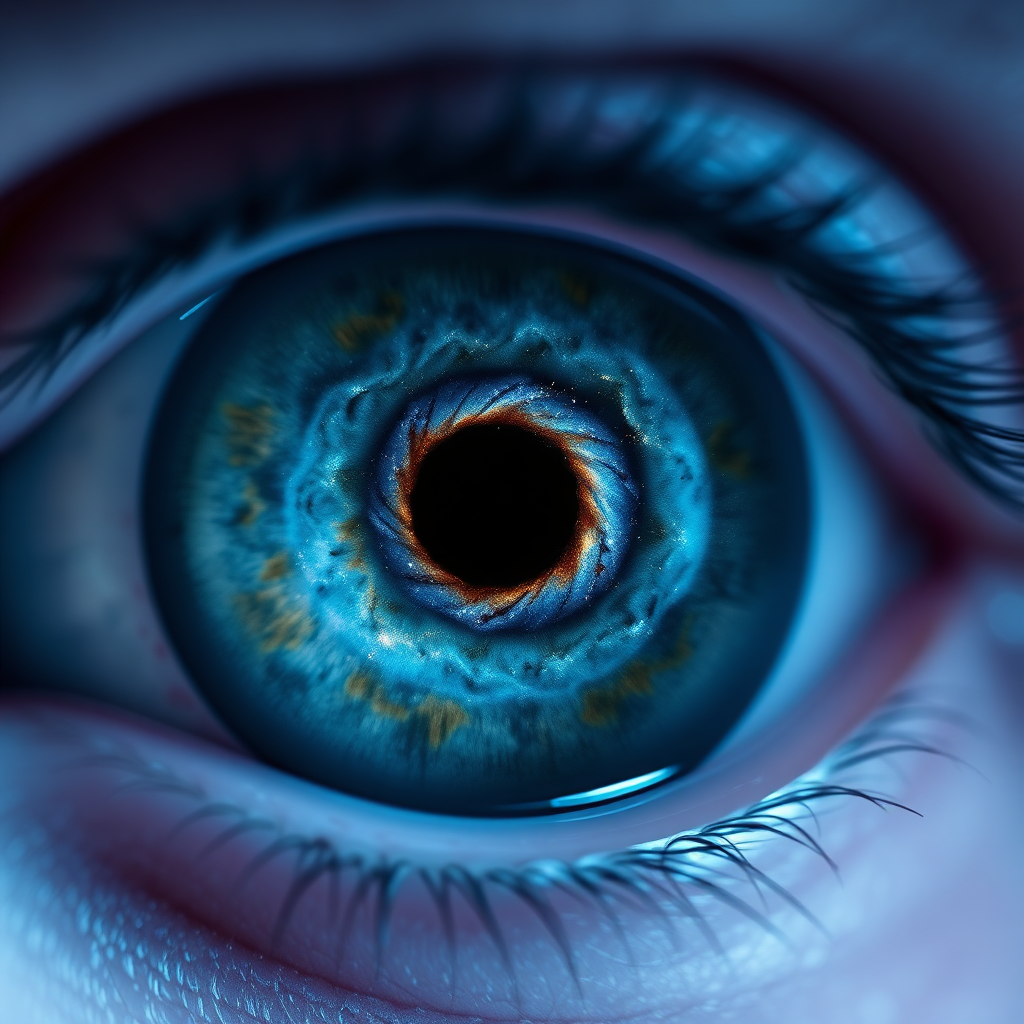 A close-up, photorealistic image of a human eye, with a spiral galaxy subtly reflected in the pupil. The colors should be primarily blues and purples, creating a sense of depth and mystery. The lighting should be soft and diffused, highlighting the details of the eye. The image should convey a sense of introspection and inner awareness. Consider the style of a macro photography advertisement, emphasizing clarity and detail. The overall composition should be balanced and harmonious, drawing the viewer into the depths of the eye.