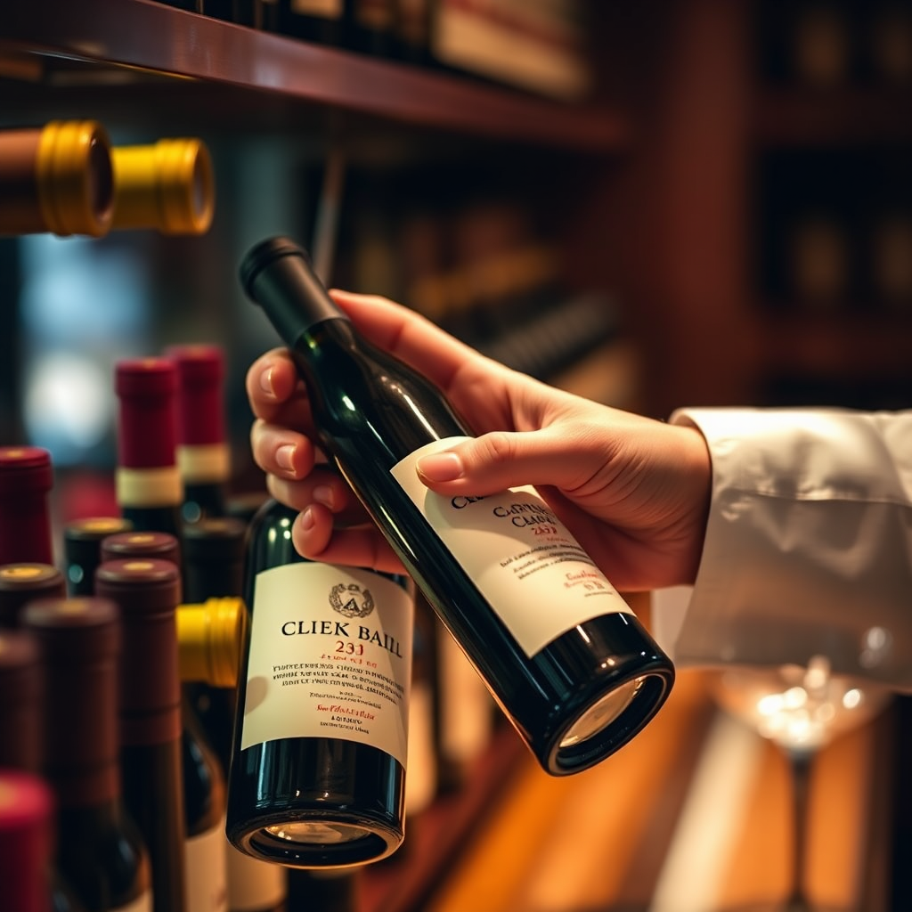 Um close-up das mãos de um sommelier selecionando cuidadosamente uma garrafa de vinho de uma coleção selecionada. A iluminação é suave e focada, destacando o rótulo e a expertise do sommelier. O fundo é desfocado para enfatizar o ato da seleção. A paleta de cores é rica e quente, com vermelhos e dourados profundos. O estilo é elegante e refinado, transmitindo uma sensação de exclusividade e atenção personalizada.
