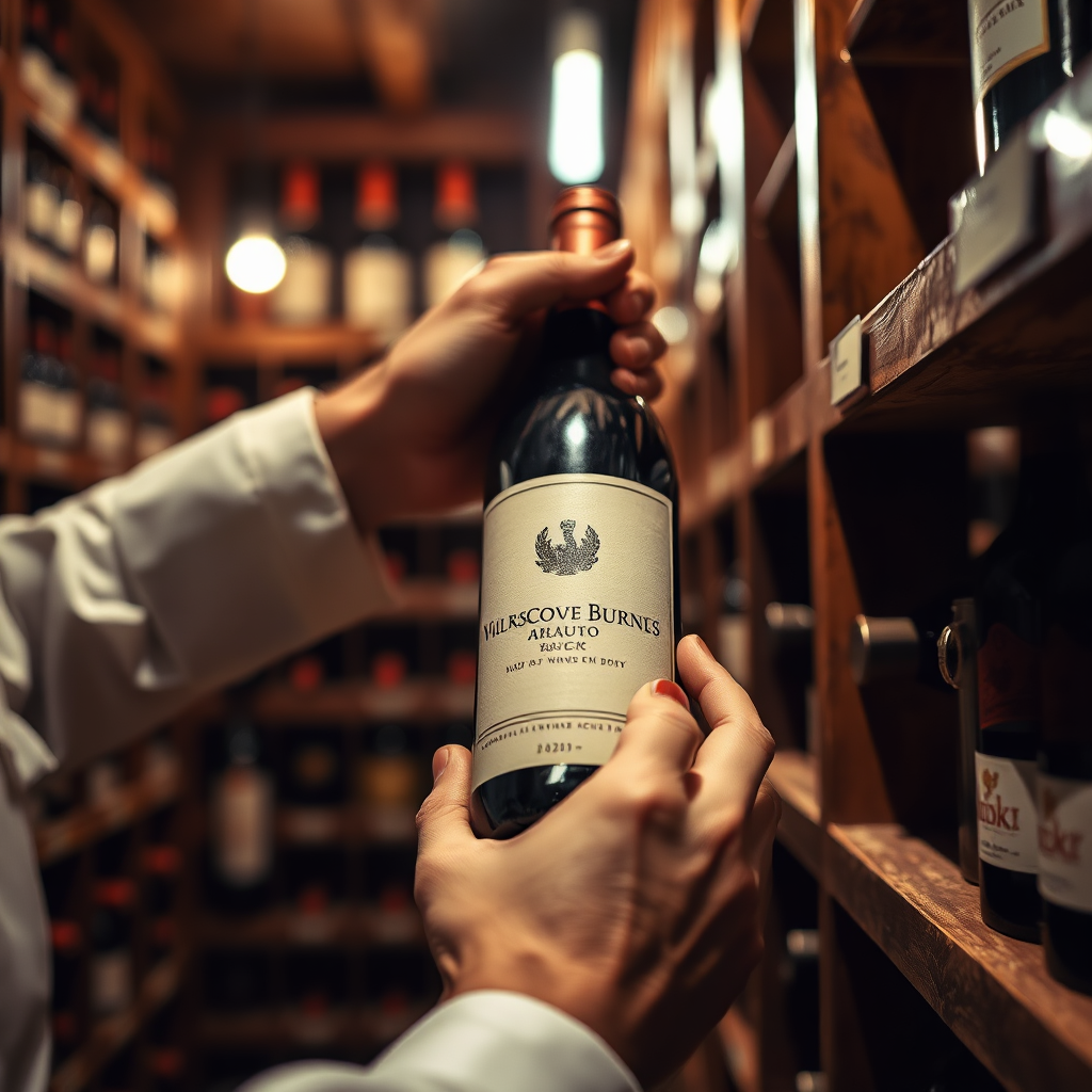 A close-up shot of a sommelier's hand selecting a wine bottle from a well-stocked shelf in a dimly lit wine cellar. The focus is on the texture of the label and the bottle's shape, suggesting careful consideration and expertise. Use a shallow depth of field to blur the background and emphasize the sommelier's hand. The color palette should be warm and inviting, with deep reds and browns dominating. The lighting should be dramatic, with a single light source highlighting the bottle. The style should be photorealistic.