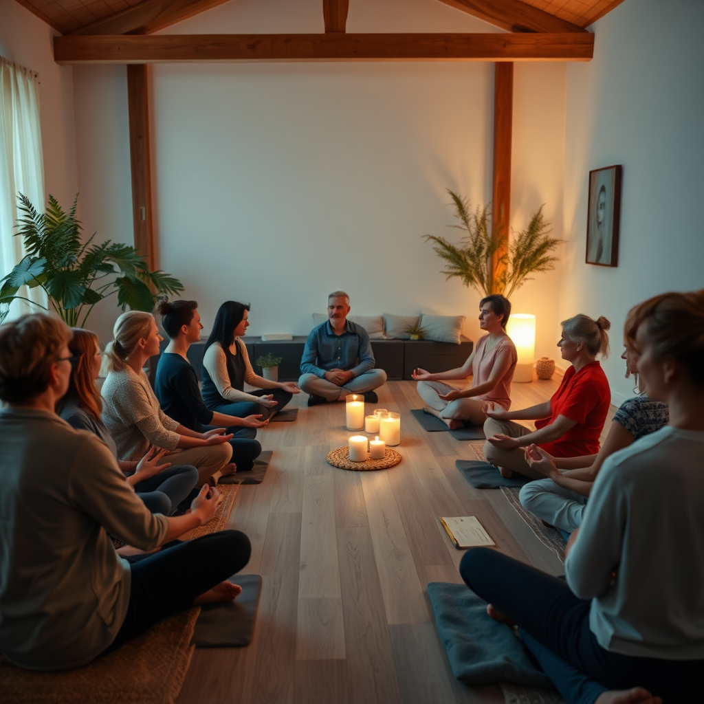 Uma sessão de meditação em grupo em um ambiente sereno. Os participantes sentam-se confortavelmente em círculo, com iluminação suave e música relaxante. A atmosfera é tranquila e acolhedora. A composição deve capturar o senso de comunidade e experiência compartilhada. As cores são quentes e convidativas, com elementos naturais como plantas e madeira. O ângulo da câmera é aberto, capturando todo o grupo. Resolução 4K.