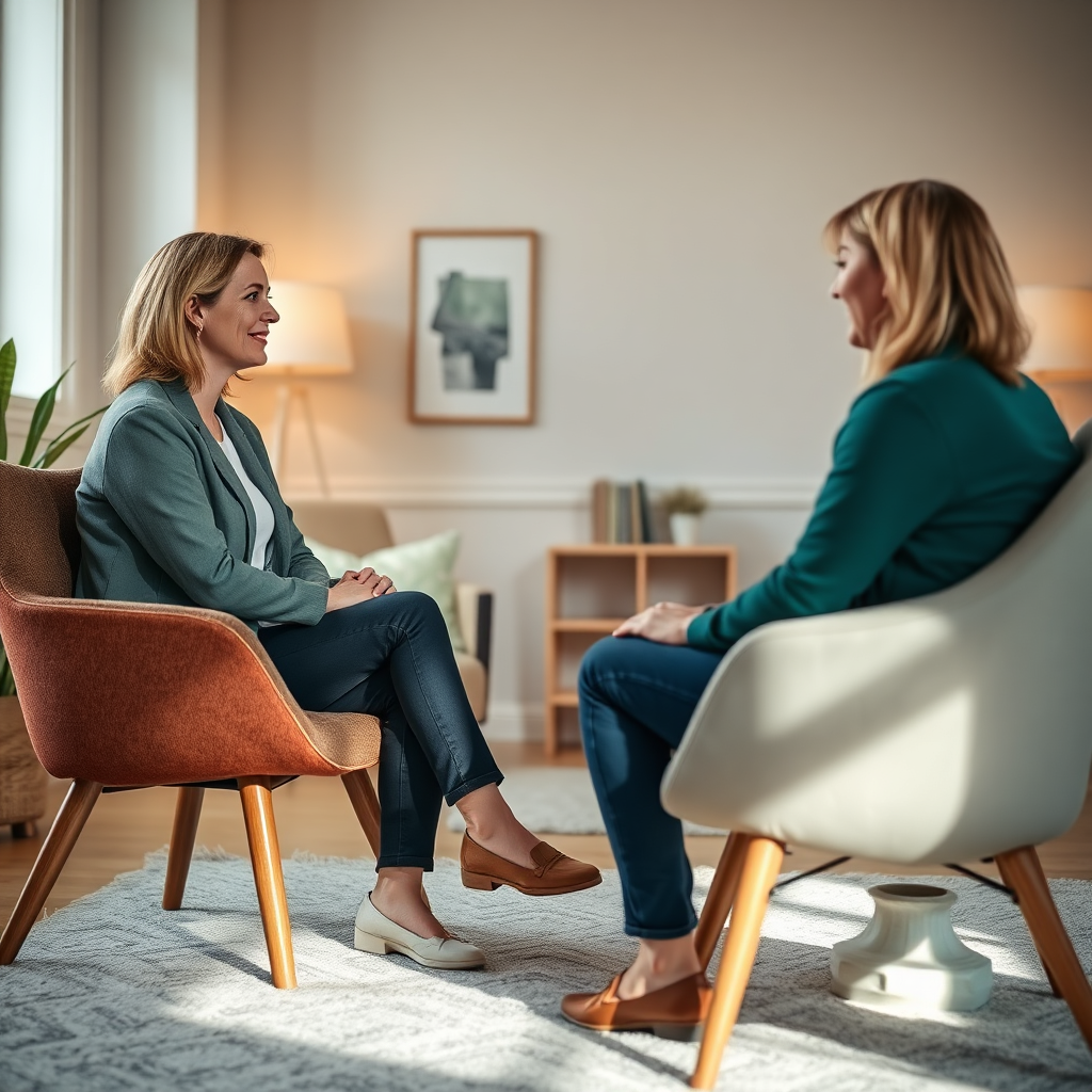 Uma sessão de coaching individual. A coach senta-se em frente ao cliente em uma sala iluminada e convidativa, fazendo contato visual e ouvindo atentamente. A composição deve focar na conexão entre eles e no ambiente acolhedor. Iluminação quente e texturas suaves criam uma sensação de confiança e conforto. As cores são suaves e relaxantes, com toques de verde e azul. O ângulo da câmera é médio. Resolução 4K.