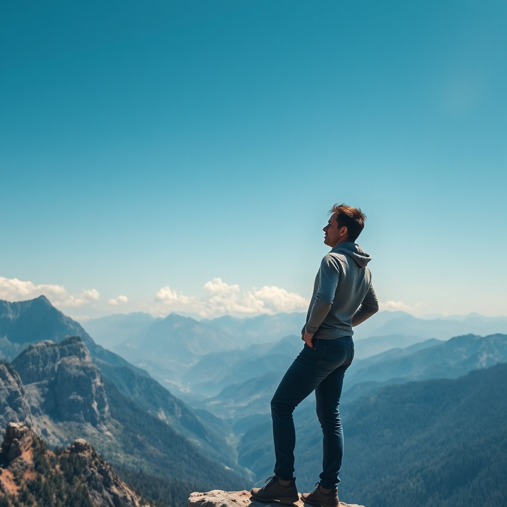 A person confidently standing on a mountaintop, gazing out at a vast and inspiring landscape. The sky is clear and blue, with a few fluffy clouds in the distance. The person is wearing comfortable clothing and has a determined expression on their face. The surrounding landscape is rugged and beautiful, with towering mountains and lush valleys. The overall image should convey a sense of strength, courage, and accomplishment. The style should be photorealistic, with dramatic lighting and attention to detail.