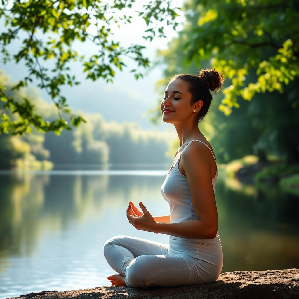 A person meditating by a serene lake, surrounded by lush greenery. Soft, diffused sunlight filters through the trees, creating a peaceful and calming atmosphere. The person is sitting in a relaxed posture, with their eyes closed and a gentle smile on their face. The lake is calm and still, reflecting the surrounding landscape like a mirror. The overall image should convey a sense of tranquility and inner peace. The style should be photorealistic, with attention to detail and natural lighting.
