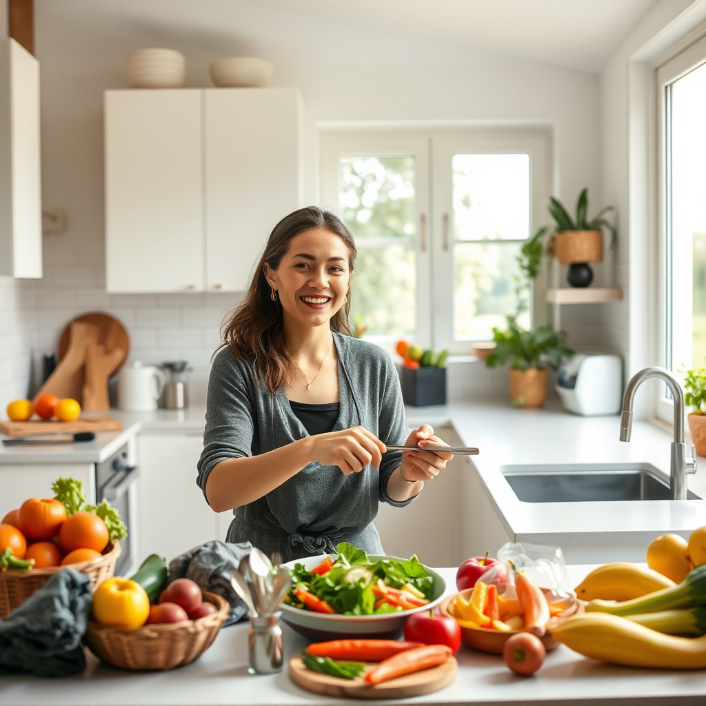 A person preparing a healthy and delicious meal in a bright and airy kitchen. The kitchen is filled with natural light and features modern appliances and stylish décor. The person is smiling and enjoying the process of cooking, surrounded by fresh fruits, vegetables, and other healthy ingredients. The overall image should convey a sense of well-being, vitality, and mindful eating. The style should be photorealistic, with attention to detail and natural colors.