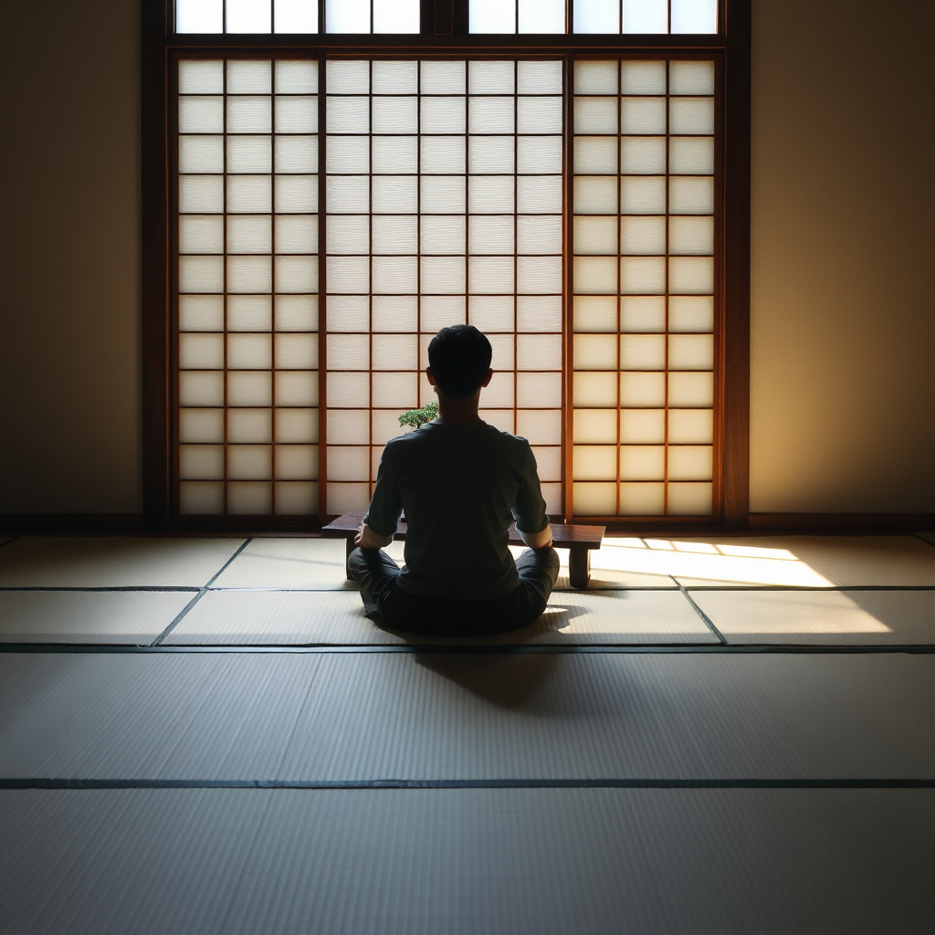 Uma pessoa está sentada na posição tradicional seiza, com as pernas dobradas sob o corpo. Ela está sentada sobre um tatame tradicional japonês, com uma mesa baixa. A cena é banhada por uma luz natural suave que entra por uma janela com tela shoji, projetando sombras difusas. O ambiente é minimalista, com apenas um pequeno bonsai sobre a mesa. A paleta de cores é suave e relaxante, com tons terrosos e verdes. O foco está na postura e na atmosfera serena. Resolução 4K. A cena incorpora a importância da postura e do ambiente na criação de um espaço propício à meditação.