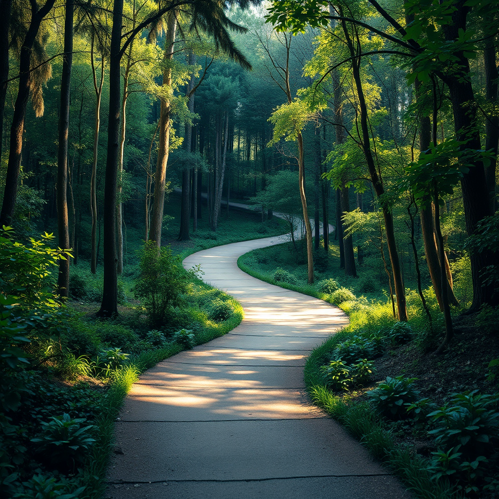 A photorealistic image depicting a winding path leading through a lush forest. The path should be well-lit and inviting, symbolizing the journey of self-discovery. The forest should be filled with diverse trees and plants, representing the uniqueness of each individual's path. The overall image should convey a sense of hope and excitement, representing the possibilities of hypnotherapy.