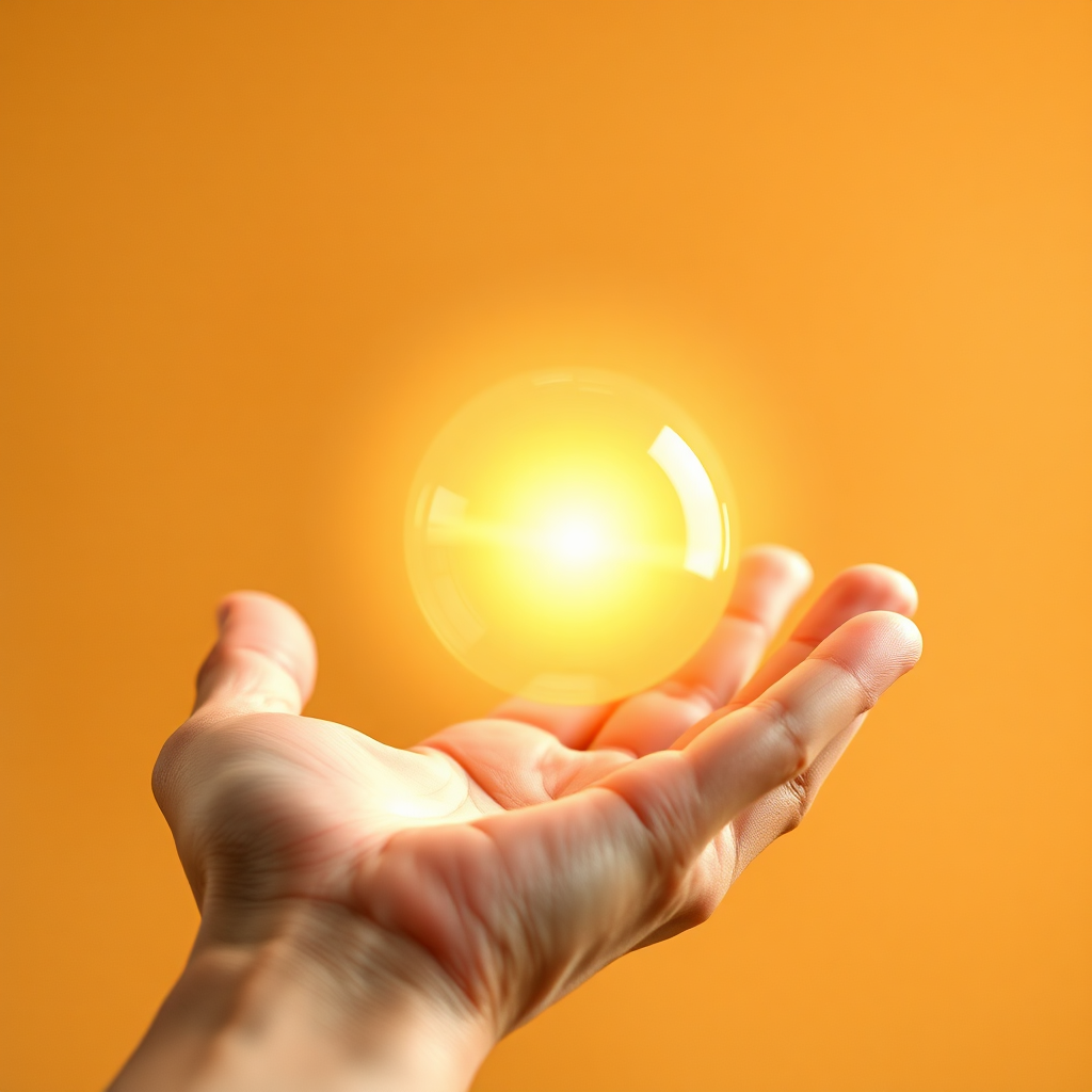 A photorealistic image of a hand gently guiding a glowing orb of light. The hand should appear warm and welcoming, with soft, natural skin texture. The orb of light should be a soft, golden color, symbolizing guidance and support. The background should be a blurred, warm color. This image symbolizes the guiding process of hypnotherapy.