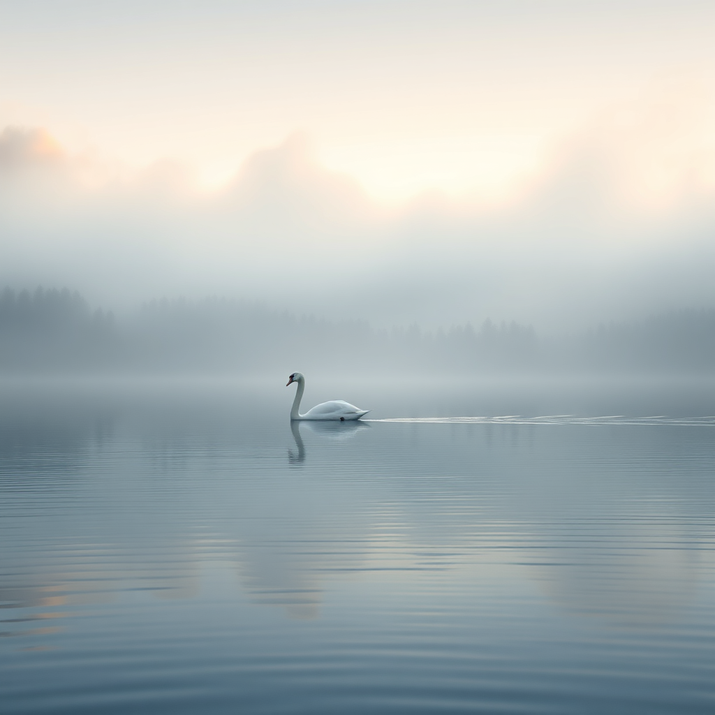 A photorealistic image of a serene lake at dawn, with mist gently rising from the water. The colors should be soft and muted, creating a sense of tranquility and peace. A single swan should be gliding across the lake, symbolizing grace and serenity. The overall scene should convey a sense of inner peace and harmony.