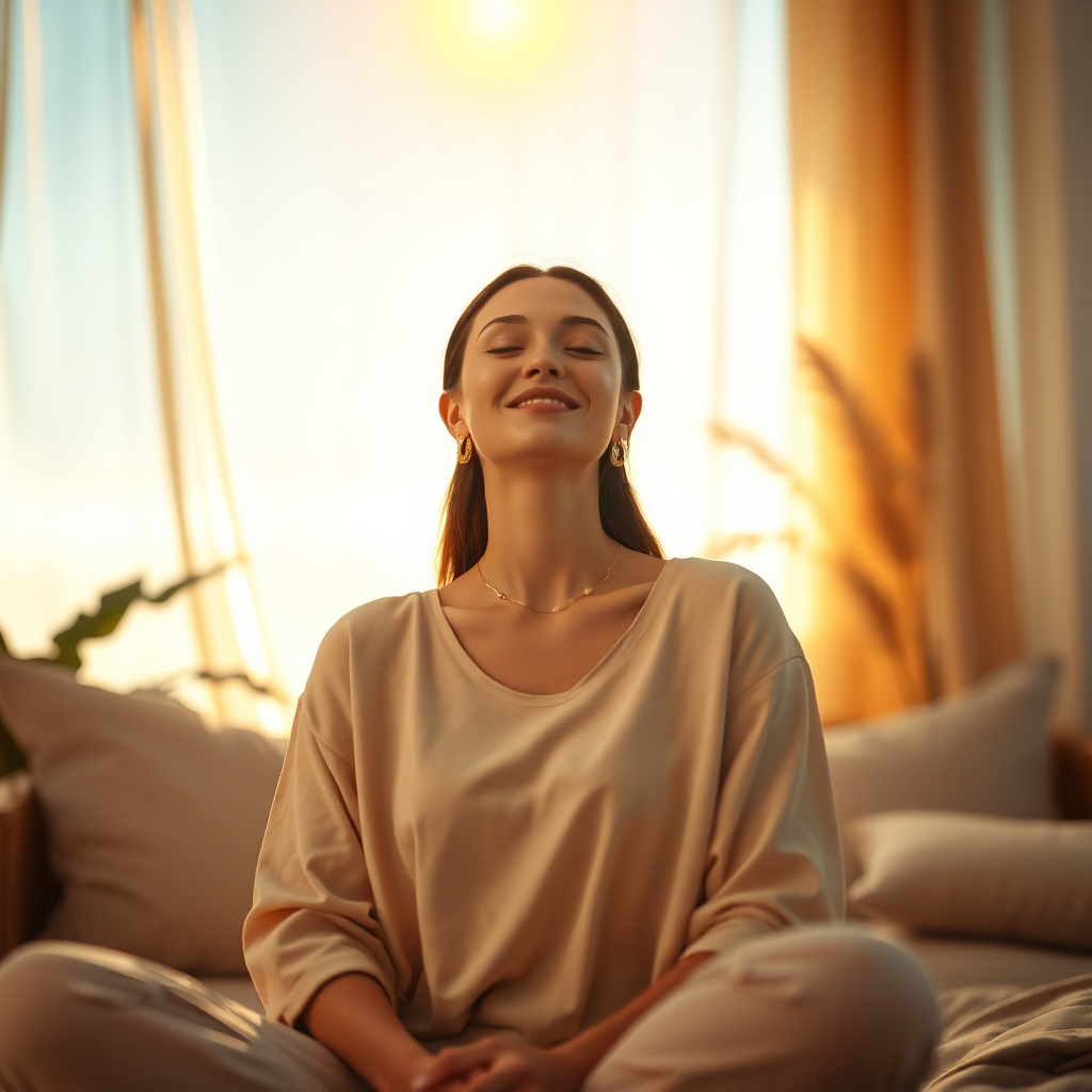 A photorealistic, ultra-high quality hero image for Cristina-Hypnose. The image should depict a serene and peaceful scene. A woman is seated comfortably in a softly lit room, eyes closed, with a gentle smile on her face. A warm, golden light emanates from above, symbolizing inner peace and enlightenment. The background is subtly blurred, with soft, flowing fabrics and natural elements like plants, which suggest a calming, natural environment. The color palette should be warm and inviting, using earth tones and soft blues to create a sense of tranquility. The camera angle should be slightly low, looking up at the woman to emphasize her sense of calm and empowerment. Texture details should be hyperrealistic, capturing the softness of the light, the texture of the fabrics, and the natural details of the plants. Reference the style of a high-end wellness retreat advertisement. 8K resolution, hyperrealistic rendering.