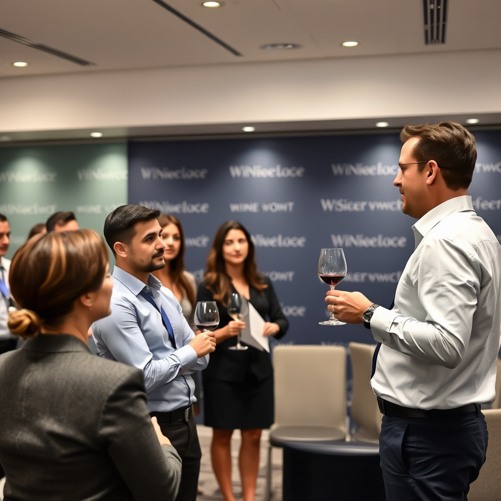 Um ambiente profissional para eventos corporativos com degustação de vinhos. Destaque para um grupo de profissionais bem-vestidos, ouvindo atentamente um especialista em vinhos. Cenário: Sala de conferências moderna com branding discreto. Cores: Azul e cinza corporativos com toques de vinho. Estilo: Moderno, clean e sofisticado, transmitindo competência e classe.