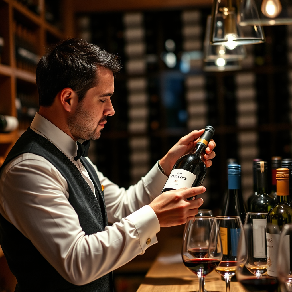 Um sommelier seleciona cuidadosamente uma garrafa de vinho de uma coleção diversificada, com iluminação suave e focada no rótulo, enfatizando a expertise e o atendimento personalizado. Ao fundo, uma adega elegante e desfocada.