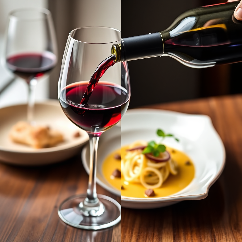 A split image showing a wine glass being filled next to a perfectly plated dish. The focus is on the pairing of the wine and the food, highlighting the expertise in wine recommendations. The colors should be rich and vibrant, with a focus on creating a sense of taste and aroma. The lighting should be soft and inviting, with a focus on enhancing the details of the wine and the food. Use a shallow depth of field to blur the background and emphasize the wine and food pairing. The style should be photorealistic.