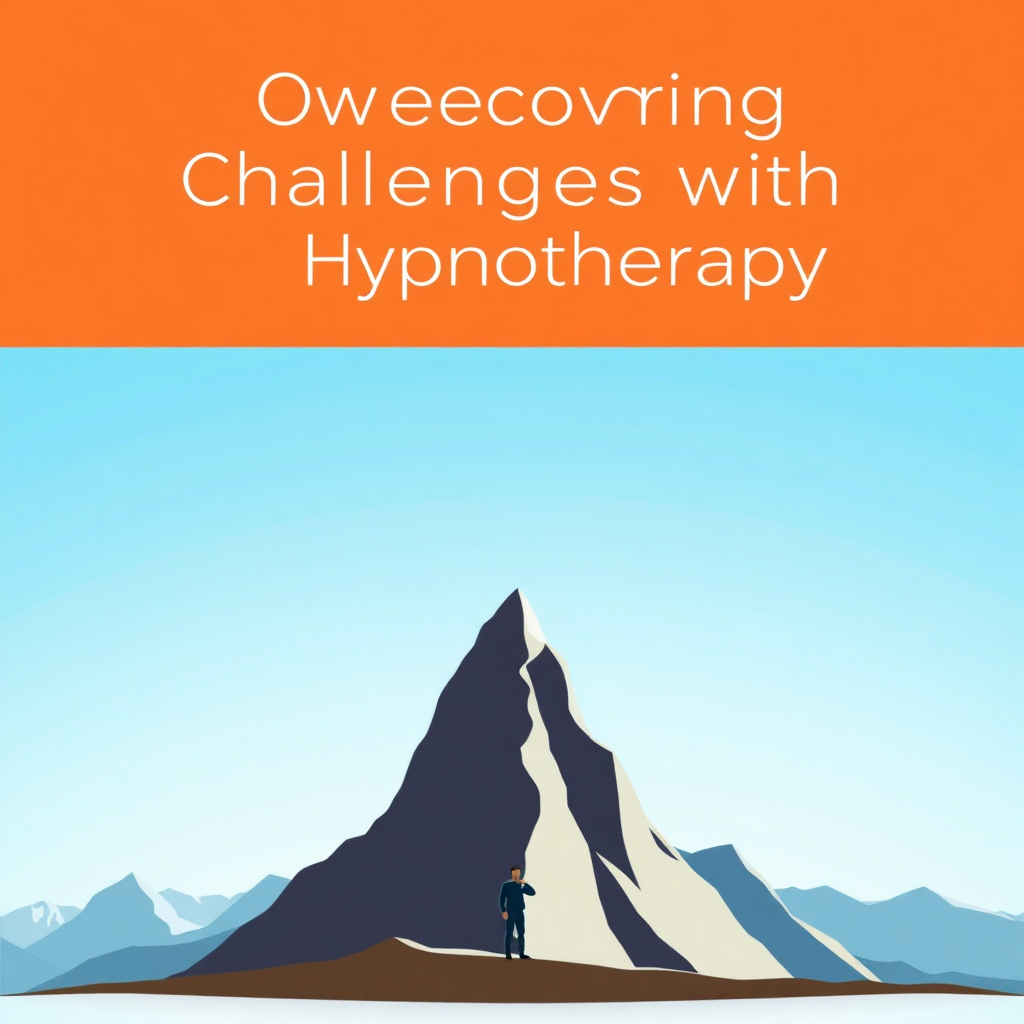 A stylized image depicting a person standing at the base of a large mountain, with a clear blue sky above. The person should appear small in comparison to the mountain, emphasizing the challenge of overcoming obstacles. However, the person should also appear confident and determined, ready to climb the mountain. The style should be slightly abstract, with simplified shapes and bold colors. The lighting should be bright and optimistic, conveying a sense of hope and possibility. This represents overcoming challenges with hypnotherapy.