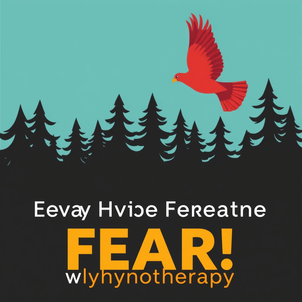 A stylized image of a bird soaring freely above a dark forest. The bird should be vibrant and colorful, symbolizing freedom and courage. The forest should be dark and dense, representing fear and anxiety. The contrast between the bird and the forest should be striking, emphasizing the possibility of overcoming fear with hypnotherapy. The style should be slightly abstract, with simplified shapes and bold colors.
