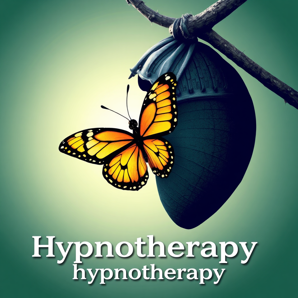 A stylized image of a butterfly emerging from its chrysalis. The butterfly should be vibrant and colorful, symbolizing transformation and change. The chrysalis should be dull and lifeless, representing old patterns and limitations. The overall image should convey a sense of hope and possibility, representing the power of hypnotherapy to create positive change.
