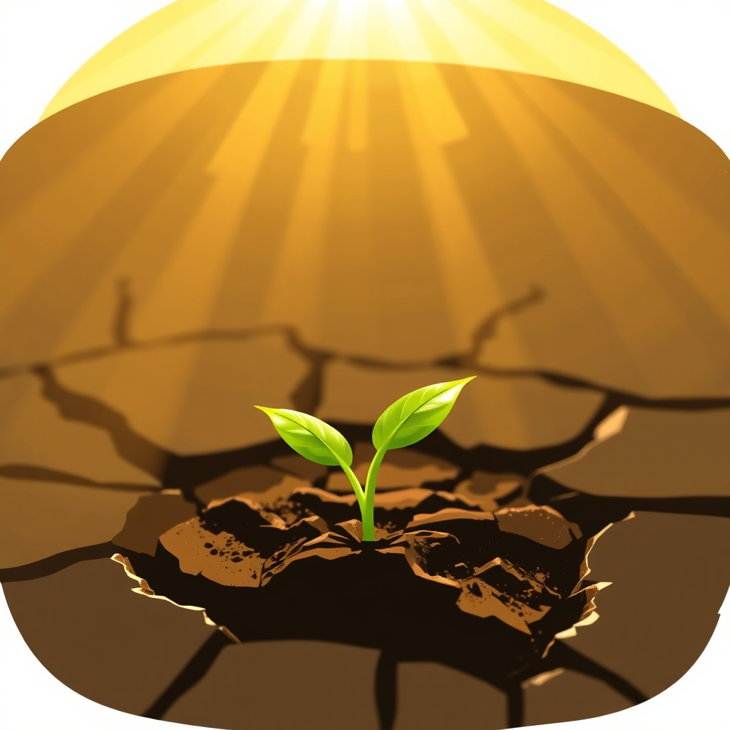 A stylized image of a seedling growing from a cracked earth, bathed in sunlight. The seedling should be vibrant green, symbolizing growth and new beginnings. The cracked earth should represent past limitations and obstacles. The sunlight should be warm and golden, conveying a sense of hope and optimism. The style should be slightly abstract, with simplified shapes and bold colors, emphasizing the power of personal growth.