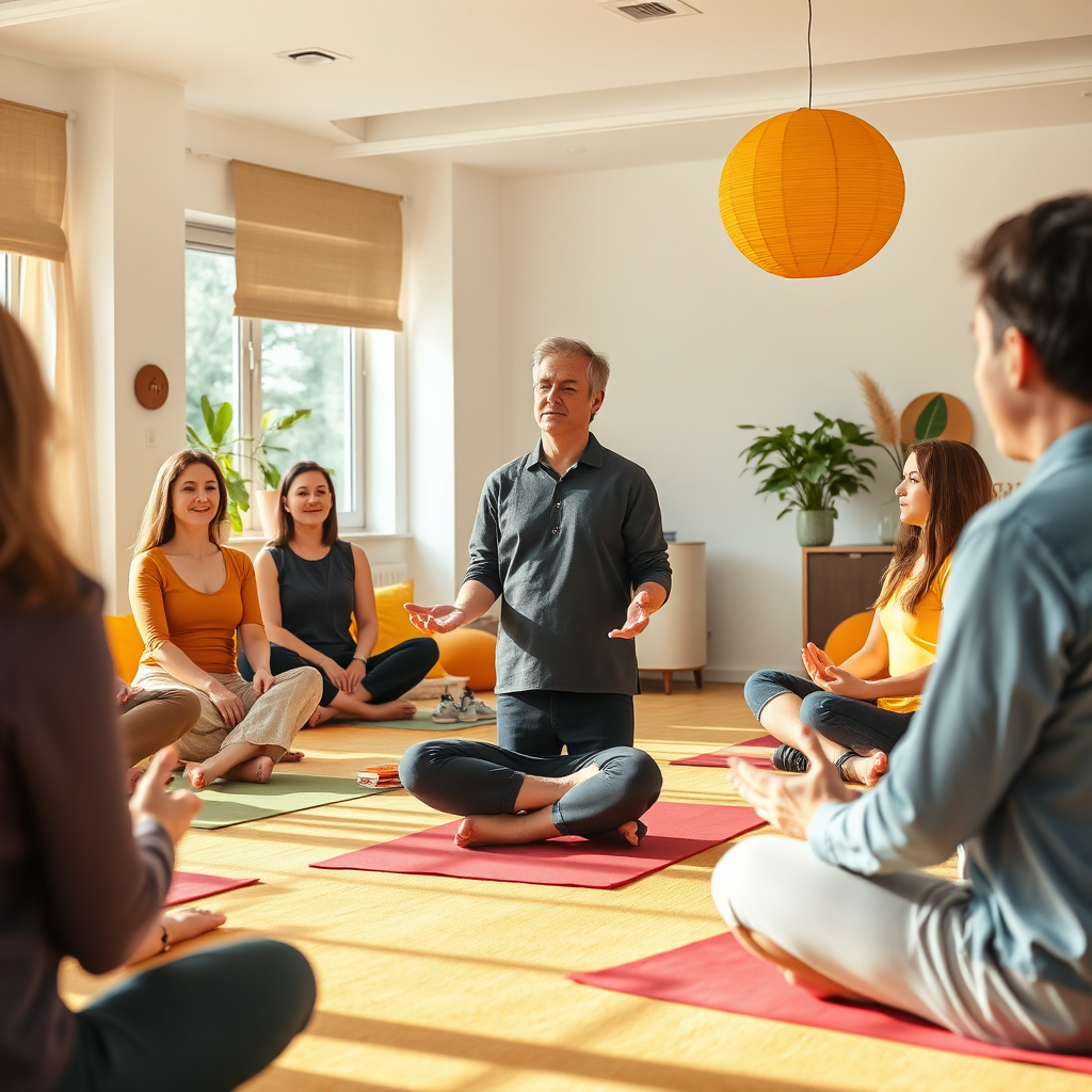 Um ambiente de oficina onde um instrutor de meditação guia uma turma através de um exercício de mindfulness. Os participantes estão atentos e engajados, com posturas relaxadas e expressões serenas. A sala é iluminada e arejada, com luz natural e decoração relaxante. A composição deve transmitir a sensação de aprendizado e descoberta. As cores são vibrantes e inspiradoras, com toques de amarelo e laranja. O ângulo da câmera é médio, com foco no instrutor e em alguns participantes importantes. Resolução 4K.