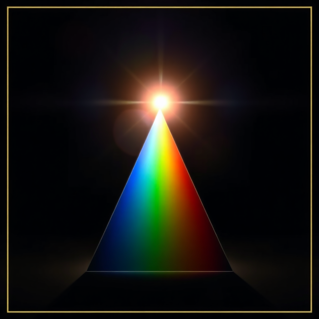 Uma imagem mostrando um feixe de luz focado brilhando através de um prisma, separando-se em um espectro de núcleos vibrantes. O feixe é nítido e definido, enquanto os núcleos são suaves e difusos. O fundo é escuro e organizado. Resolução 4K. Isso simboliza o foco e as esclarecimentos aprimorados que podem ser realizados por meio da meditação. O prisma representa a mente e a luz focada representa o poder da concentração.