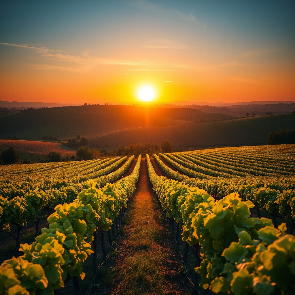 Capture uma paisagem de vinhedos ao pôr do sol, com fileiras de videiras que se estendem por colinas ondulantes. Use uma iluminação quente e dourada para criar uma sensação de tranquilidade e abundância. Referências de estilo: Fotografia de paisagem, imagens de turismo vinícola. Especificações técnicas: Resolução 4K, foco na beleza natural e profundidade atmosférica.
