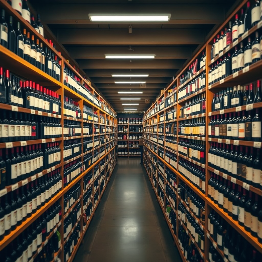 Capture uma imagem de extensas prateleiras de vinho que se estendem ao longo, repletas de uma seleção diversificada de garrafas. Use uma lente grande-angular para enfatizar uma grande variedade. A iluminação é aconchegante e convidativa. Referências de estilo: fotografia de biblioteca, interiores de lojas de varejo. Especificações técnicas: resolução 4K, foco em profundidade de campo e nitidez.