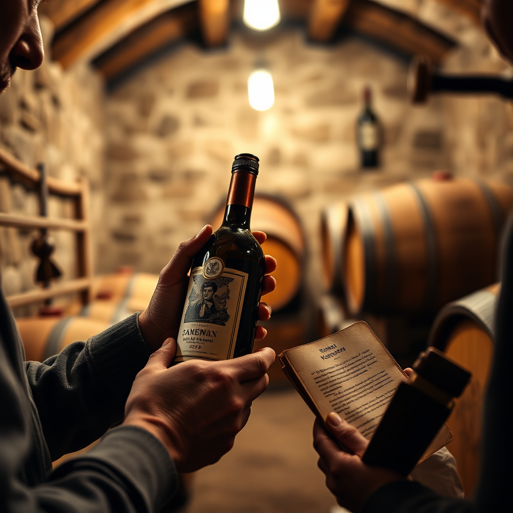 Create a 4K resolution image for the 'About Us' section of the 'Soares & Vinhos' webshop. The image should convey a sense of heritage and expertise. Depict a scene of a family (implied, not directly shown - focus on their hands) carefully examining a wine bottle in a traditional Portuguese wine cellar. The cellar should have stone walls, wooden barrels, and soft, warm lighting. Focus on the hands holding the bottle, inspecting the label with care. The overall tone should be warm, inviting, and authentic. The color palette should be rich in earthy tones, with deep reds and browns dominating. The composition should suggest a long-standing tradition and a deep connection to the art of winemaking. The style should be photorealistic but with a slightly painterly quality. Relevant props include a vintage corkscrew and a weathered notebook containing tasting notes.