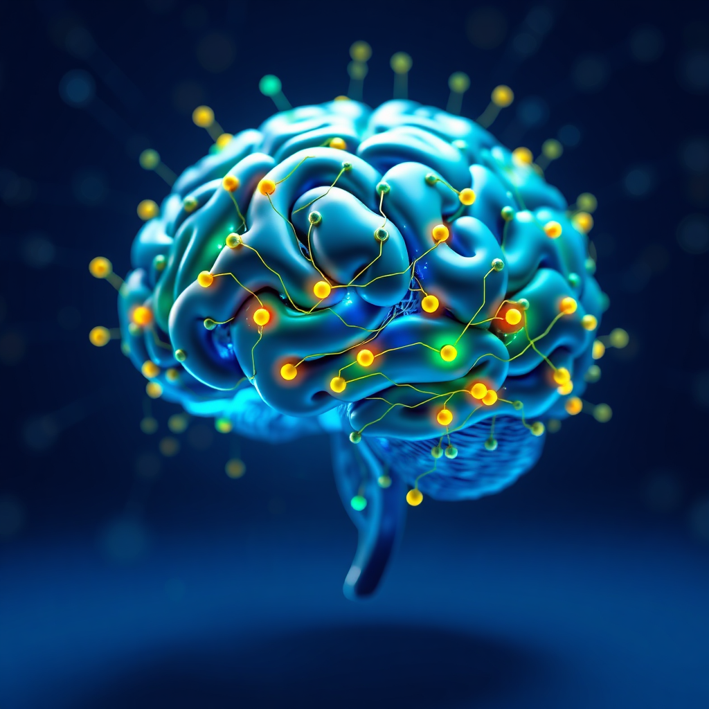 Crie uma imagem em resolução 4K que represente a missão da 'vendo-IAsoftware'. A cena deve retratar um cérebro humano estilizado entrelaçado com circuitos digitais, simbolizando a sinergia entre a inteligência humana e a inteligência artificial. A paleta de cores consiste em azuis, verdes e amarelos vibrantes, representando inovação e crescimento. A iluminação é suave e difusa, criando uma sensação de acessibilidade e confiança. O ângulo da câmera é um close-up, destacando os detalhes intrincados do cérebro e dos circuitos. A textura deve ser lisa e brilhante, conferindo-lhe um aspecto moderno e futurista. O estilo deve ser uma mistura de fotorrealismo e arte abstrata, inspirado nas obras do artista digital Beeple.