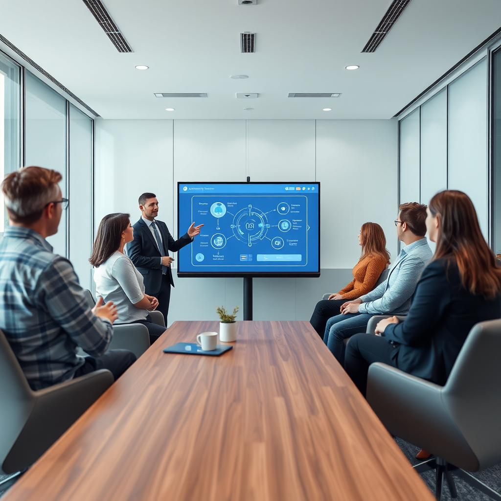 Crie uma imagem fotorrealista de uma equipe de vendas apresentando um software de IA para um grupo de clientes em potencial em uma sala de conferências moderna. A paleta de cores deve ser profissional e confiável, com predominância de azuis, cinzas e brancos. A iluminação deve ser clara e nítida, destacando a apresentação e a interação entre a equipe e os clientes. O ângulo da câmera deve ser um plano médio, capturando toda a cena. As texturas devem ser suaves e profissionais, transmitindo uma sensação de competência. Referência de estilo: Fotografia corporativa moderna.