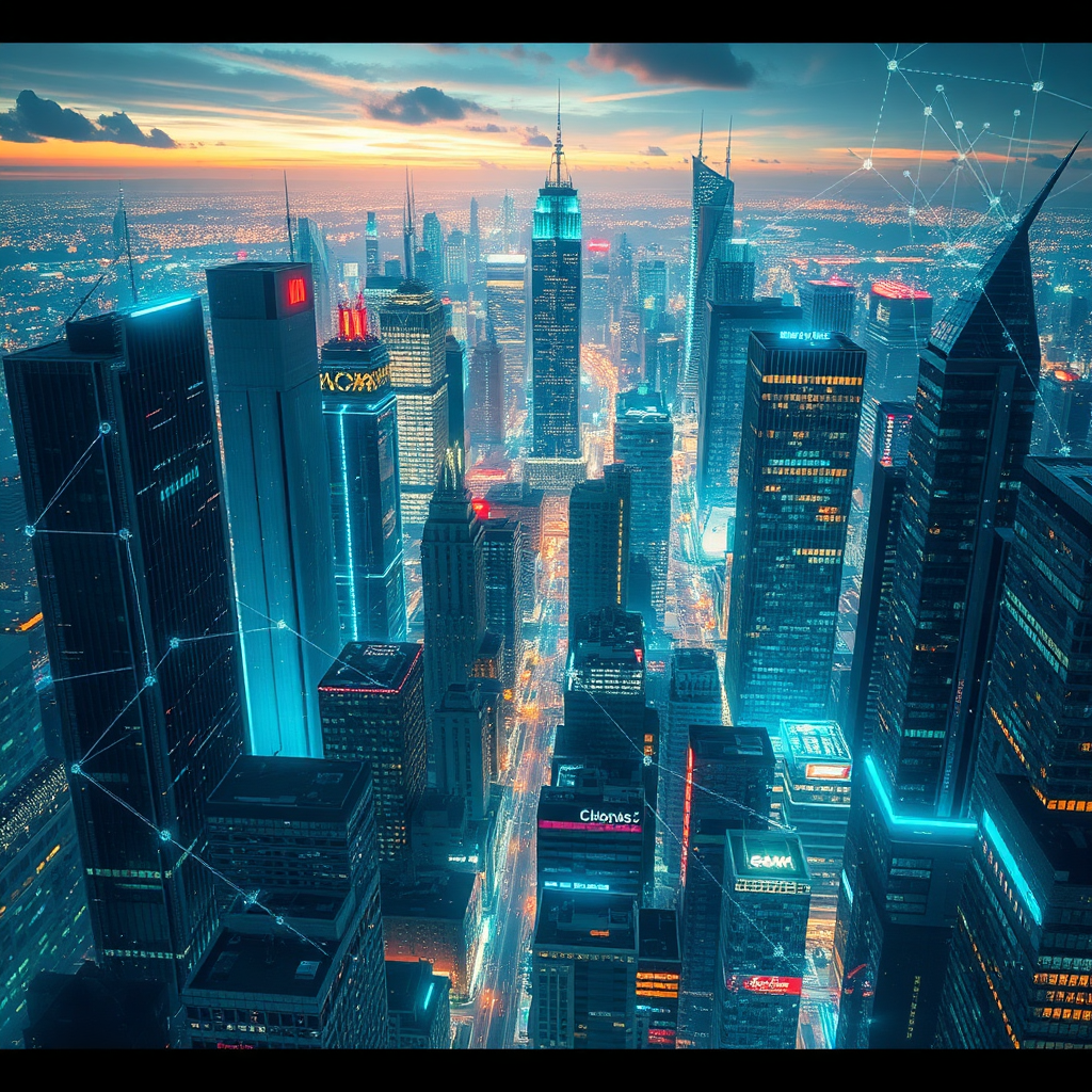 Crie uma imagem fotorrealista de uma paisagem urbana se transformando em uma metrópole futurista, com redes digitais brilhantes sobrepostas aos edifícios. A paleta de cores deve ser vibrante e empolgante, com predominância de azuis, verdes e laranjas. A iluminação deve ser dramática, com sombras e realces enfatizando a transformação. O ângulo da câmera deve ser amplo, capturando toda a paisagem urbana. As texturas devem ser suaves e brilhantes, criando uma sensação de progresso. Referência de estilo: Fotografia de paisagem urbana moderna.