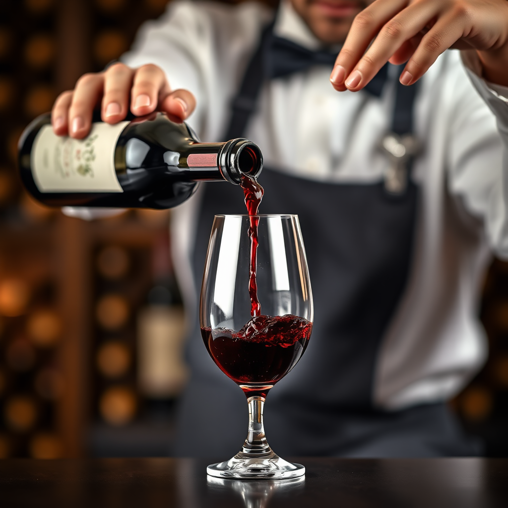 Crie uma imagem fotorrealista de um sommelier puramente um vinho tinto intenso em uma taça de cristal. O foco está na cor e na clara do vinho. O fundo deve ser uma imagem desfocada de uma adega, adicionando profundidade. Use pouca profundidade de campo para enfatizar o ato de servir. A paleta de cores deve ser rica e quente, destacando-se as toneladas de rubi do vinho. Referências de estilo: Fotografia de vinhos, elementos visuais de marcas de luxo. Especificações técnicas: Resolução 4K, renderização de alta qualidade com atenção aos detalhes da taça e da textura do vinho.