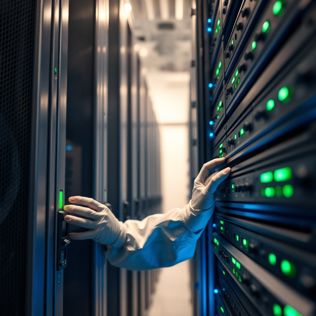 Crie uma imagem fotorrealista de um técnico instalando e configurando um software de IA em um rack de servidores em um data center. A cena deve ser tecnicamente precisa, bem iluminada e transmitir uma sensação de precisão e conhecimento especializado. Paleta de cores: prata metálica, azuis profundos e indicadores verdes brilhantes. O ângulo deve focar nas mãos do técnico e no rack de servidores.