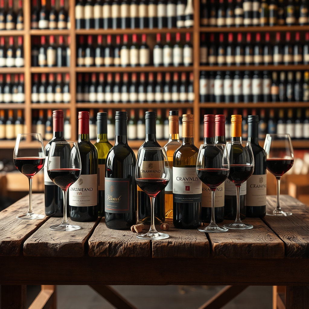 Crie uma imagem fotorrealista que representa a missão da Soares & Vinhos: "Degustar e vender vinhos". Mostre uma seleção criteriosa de garrafas de vinho dispostas artisticamente sobre uma mesa rústica de madeira. Espalhe taças de vinho, algumas cheias de vinho, para sugerir uma experiência de degustação. Use uma iluminação suave e natural para destacar os núcleos e texturas do vinho e da mesa. Ao fundo, incluindo sutilmente prateleiras com mais garrafas de vinho, criando profundidade e revelando uma vasta seleção. A paleta de cores deve ser quente e convidativa, com vermelhos intensos, verdes profundos e amarelos dourados. A imagem deve transmitir tanto a sofisticação da degustação de vinhos quanto a acessibilidade do serviço da Soares & Vinhos. Ângulo da câmera: aumentado, mostrando o arranjo de cima. Referências de estilo: Fotografia fine art, estética de revista de vinhos. Especificações técnicas: Resolução 4K, renderização de alta qualidade com ênfase em texturas realistas.