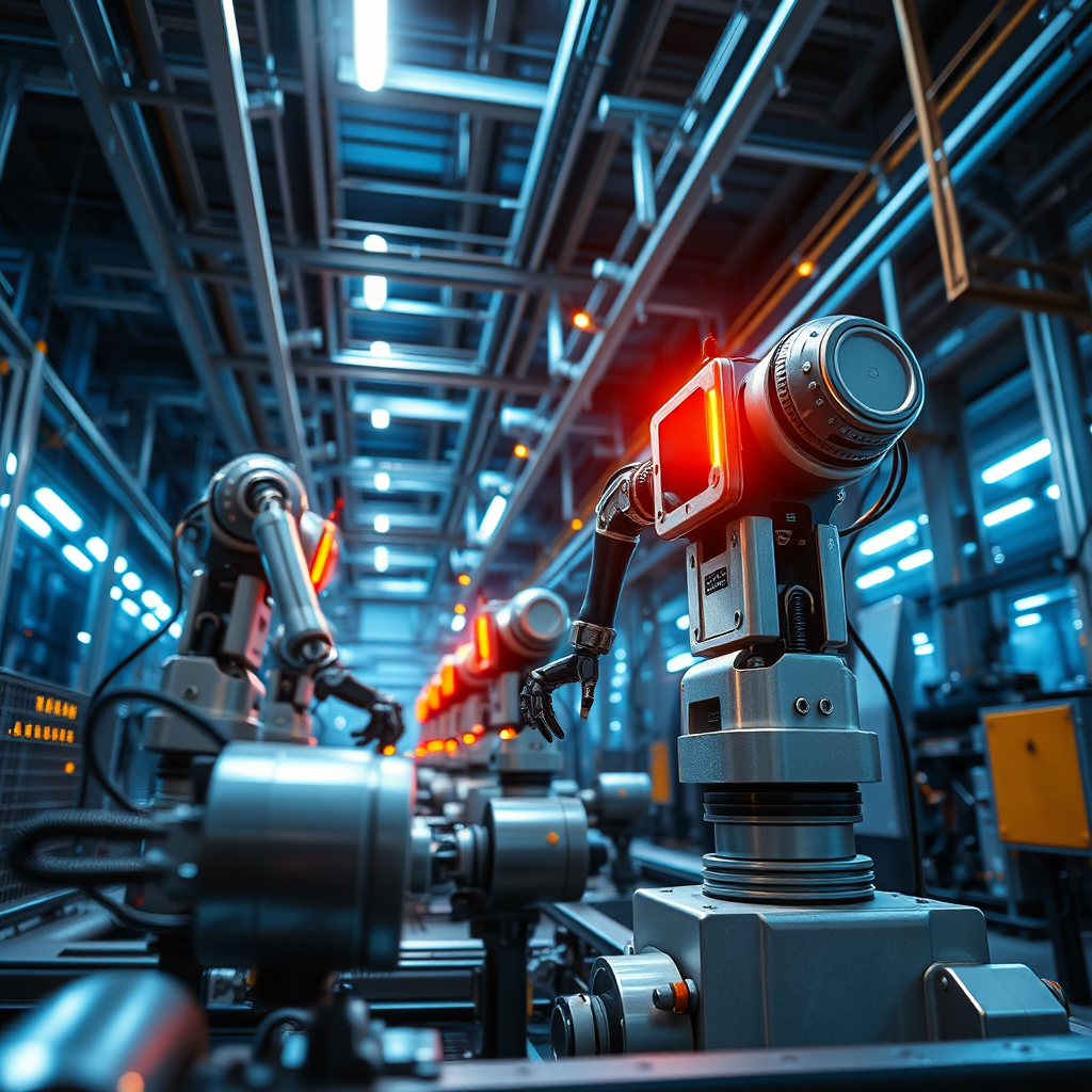 Crie uma imagem fotorrealista que mostre uma fábrica futurista com robôs executando tarefas automatizadas. A paleta de cores deve ser predominantemente azul e prata, com toques de laranja e amarelo. A iluminação deve ser dramática, com sombras e realces que enfatizem os movimentos dos robôs. O ângulo da câmera deve ser baixo, olhando para cima, para destacar a escala e a complexidade do processo de automação. As texturas devem ser metálicas e industriais, com foco nos detalhes. Referência de estilo: Fotografia industrial moderna.